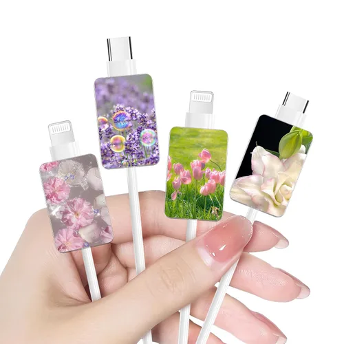 Vista 30 de Bonito protector de cable floral para cargador de iPhone, patrón de lavanda, camelia, girasol, ramo de flores, encaje, cerezo en flor, set de 6