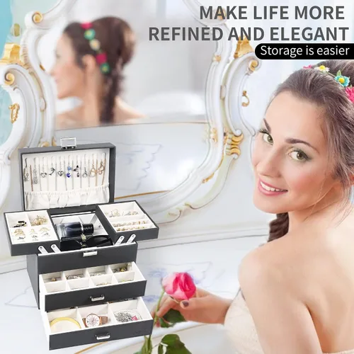 Vista 7 de Dajasan Cajas de joyería para mujeres y niñas, caja organizadora de joyas, organizador de joyas grande de 4 capas para aretes, anillos, collares