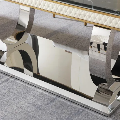 Vista 7 de Juego de mesa de comedor de 9 piezas, juego de 8 mesas de comedor de mármol de lujo de 79 pulgadas de largo, mesa de comedor rectangular de piedra