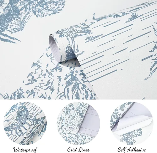 Vista 9 de WENMER Toile de Jouy - Papel de contacto Toile de Jouy, papel tapiz azul y blanco, papel adhesivo vintage de país francés para dormitorio, sala