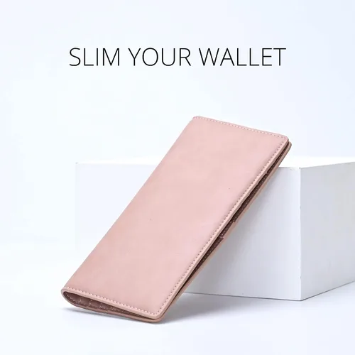 Vista 2 de Alldaily Billetera de cuero ultrafina para mujer, con bloqueo RFID, tarjetero de crédito, plegable, larga, Rosado oscuro