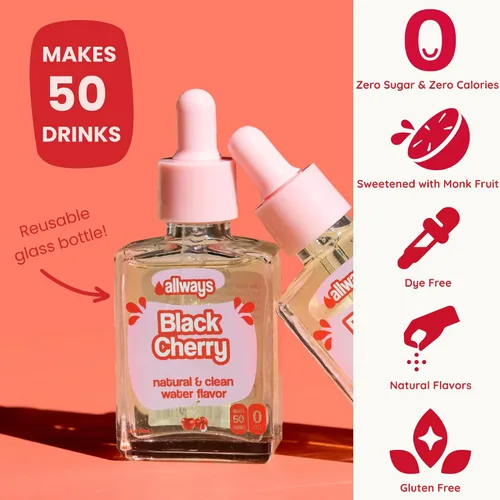 Vista 3 de Allways Drops Potenciador de agua natural de cereza negra Sin azúcar, cero calorías, fruta de monje endulzada Botella de vidrio para hidratación