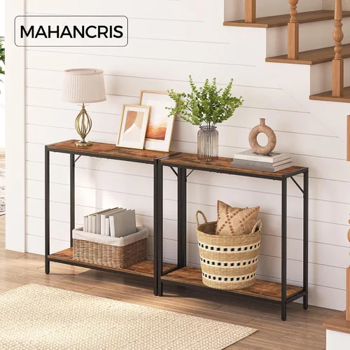 Vista 15 de MAHANCRIS Mesa consola, mesa de entrada de 2 niveles, detrás de la mesa del sofá, estilo industrial, resistente y estable, para sala de estar