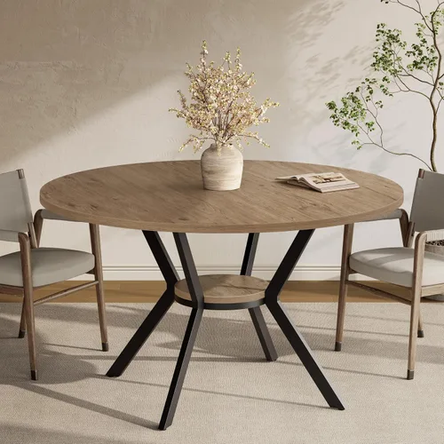Vista 10 de MECHYIN Mesa de comedor redonda de 42 pulgadas para 2 a 4, mesa de cocina redonda de granja con estante de almacenamiento, mesa de comedor