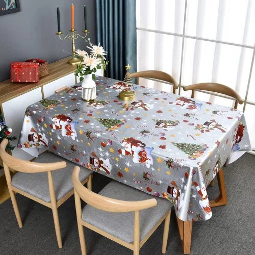 Vista 7 de TruDelve Mantel de Navidad de Plástico Rectangular de Vinilo Plateado Mantel de Mesa de Navidad Oblongo Cubierta de Mesa de Navidad con Muñeco