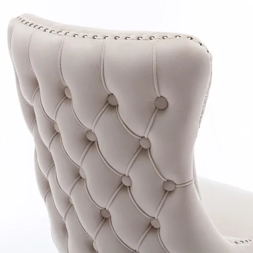 Vista 6 de Silla de comedor tapizada de terciopelo con respaldo de ala y patas de madera marrón, decoración de remaches, silla auxiliar moderna de mediados
