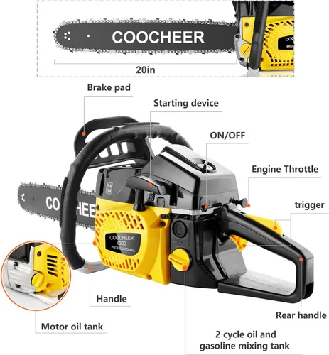 Vista 2 de COOCHEER Motosierras a gas de 62 CC, motosierra de gasolina de 20 pulgadas y 3.5 HP de 2 tiempos con tocones de árboles, extremidades, tala