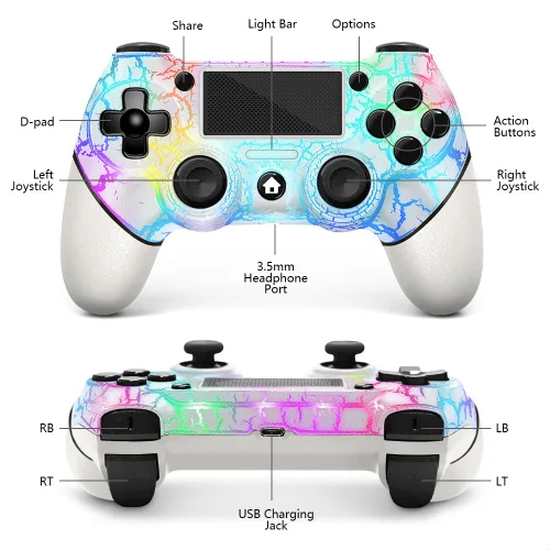Vista 2 de AceGamer Wireless Controller for PS4, White Crack Custom Design with RGB Light,1000mAh Battery and 3.5mm Audio Jack, V2 Gamepad Joystick Compatible
