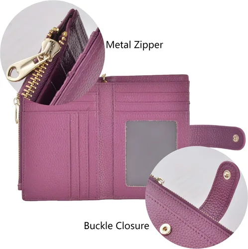 Vista 6 de Billeteras RFID pequeñas compactas y plegables de cuero para mujer, llavero con bolsillo con cremallera