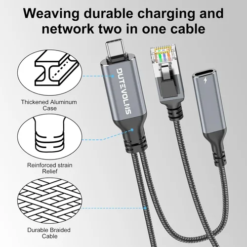 Vista 6 de Cable USB C a Ethernet y carga hembra de 6.6 pies, USB-C hembra 60 W PD y Gigabit LAN dos en uno, cable de nailon tipo C a RJ45, conectado