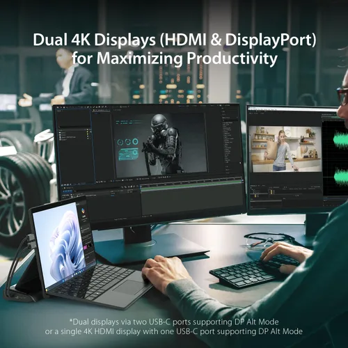 Vista 4 de j5create Estación de acoplamiento de pantalla USB C Dual 4K60 (12 en 1), ranura SSD M.2 integrada, HDMI, DisplayPort, 10Gbps USB-A, lector