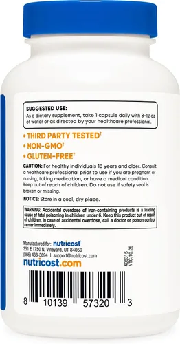 Vista 4 de Nutricost Hierro quelado, Como Ferrochel, 36 mg, 240 Cápsulas (2 Botellas)