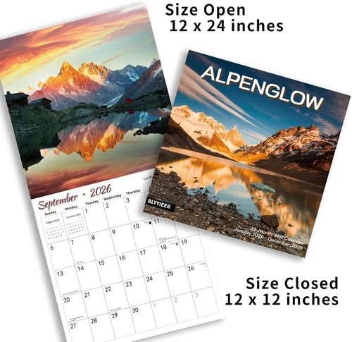 Vista 3 de Calendario de pared 2026, Calendario mensual de pared Alpenglow, 12" x 24" abierto, Organizador de calendario planificador familiar con imágenes