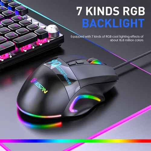 Vista 3 de VEGCOO Ratón para juegos con cable, mouse de clic silencioso con reposamuñecas, luz LED RGB de 6 niveles ajustables DPI programable