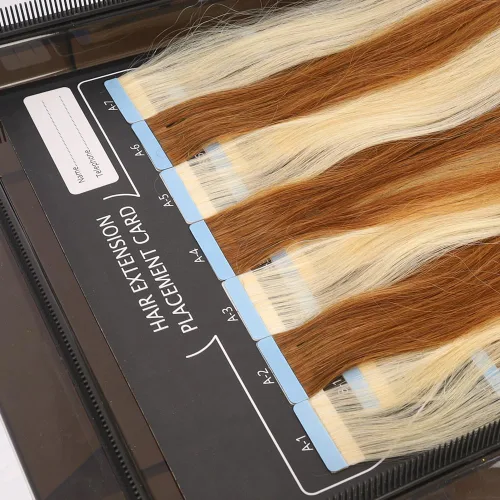 Vista 3 de Cinta en el kit de herramientas de extensión de cabello, tarjeta de papel, tablero de colocación de extensión de cabello, rollo de 3 yardas, cintas