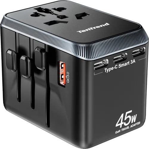 Vista 7 de TenTrend Adaptador de viaje universal, adaptador de corriente internacional de 30 W con 4 puertos USB-C y 1 USB-A, adaptador de enchufe de viaje