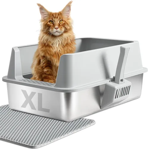 Vista 9 de Caja de arena de acero inoxidable, paquete de 2 cajas de arena de metal para gatos, caja de arena XL de acero inoxidable para gatos de 17.7 x 13.8 x