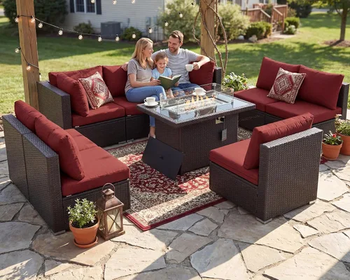 Vista 35 de NICESOUL Juego de muebles de patio de ratán extra grande con mesa para fogata de gas y propano, 29.3 pulgadas, respaldo alto, cómodos conversaciones