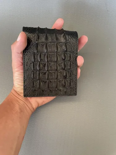 Vista 6 de VN Billetera plegable de cuero de piel de cocodrilo genuino de doble cara negra y púrpura para hombre, cartera exótica hecha a mano, regalo para él