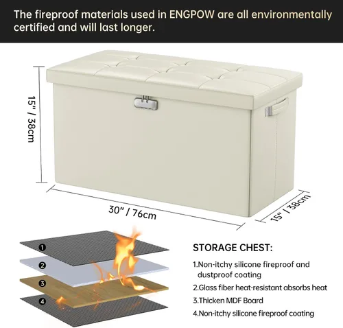 Vista 3 de ENGPOW Banco Otomán de Almacenamiento, Banco Plegable Ignífugo con Cerradura, 30 Pulgadas Cofre de Almacenamiento Resistente al Fuego y Agua