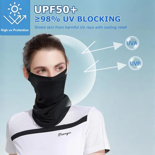 Vista 3 de Máscara facial UPF 50+ para mujeres y hombres, cubierta completa de enfriamiento de seda helada, protección solar transpirable, polaina