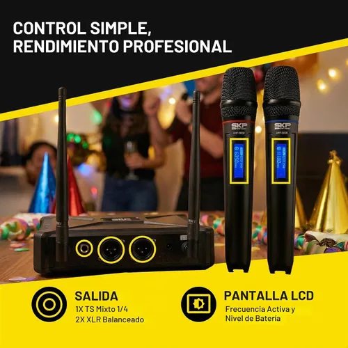 Vista 5 de SKP Pro Audio Sistema de micrófono inalámbrico UHF-300D - Micrófonos inalámbricos de mano dobles con baterías AA, rango de 200 pies, pantalla LCD