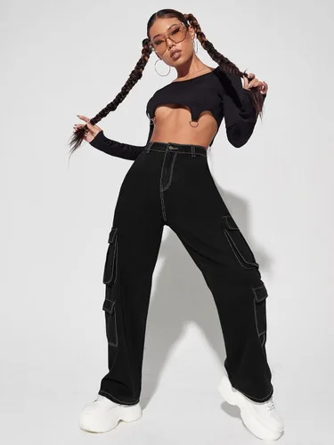Vista 6 de Floerns Pantalones cargo casuales de cintura alta con bolsillo con solapa y pierna recta para mujer
