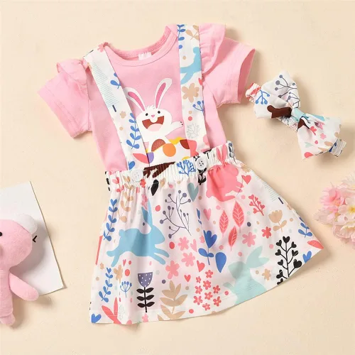 Vista 3 de LittleSpring Conjunto de 3 piezas de ropa de verano para niña con volantes, falda y diadema