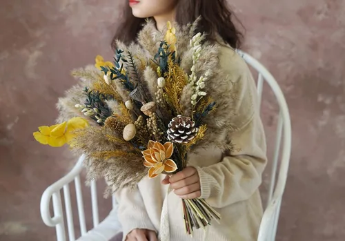 Vista 9 de Yellow SeriesRose - Ramo de boda bohemio, ramo de hierba de las pampas, ramo de flores secas de 12 pulgadas (Y01)