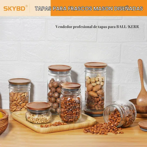Vista 7 de 6 paquetes de tapas de tarros Mason de boca regular de madera para tarros Ball/Mason/Kerr, madera de acacia natural, material de grado alimenticio