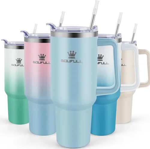 Vista 10 de Vaso de 40 onzas con asa y tapa con popote, taza de café de viaje 100% a prueba de fugas, taza aislada de acero inoxidable para bebidas frías