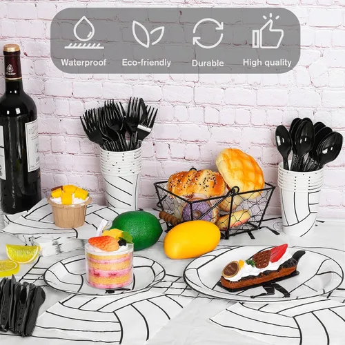 Vista 4 de durony 130 piezas de suministros de fiesta de voleibol, mantel de plástico, platos, tazas, servilletas, cubiertos, voleibol, decoraciones
