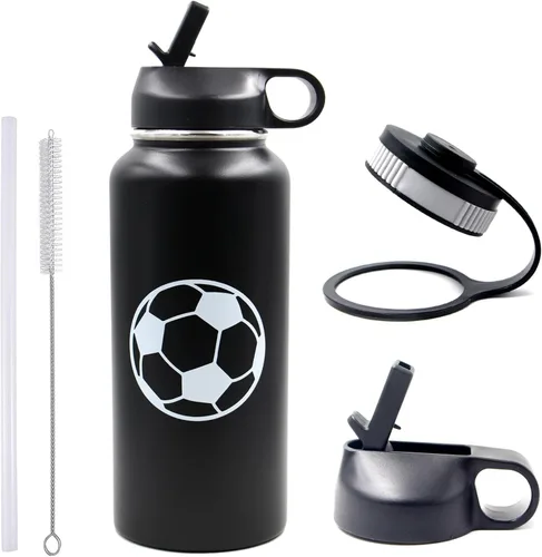 Vista 13 de Botella de agua de baloncesto de 12 onzas, botella de agua deportiva aislada al vacío de acero inoxidable con popote y 2 tapas, botella de agua