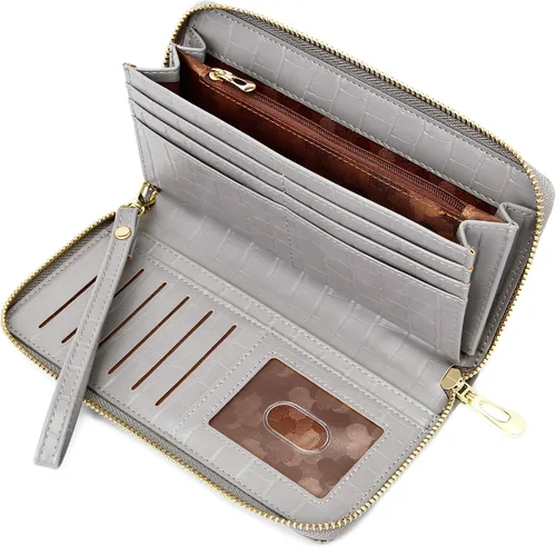 Vista 2 de Badiya Cartera para mujer, con bloqueo RFID, de cuero, con cremallera, de gran capacidad, para tarjetas de crédito, bolso largo, Gris