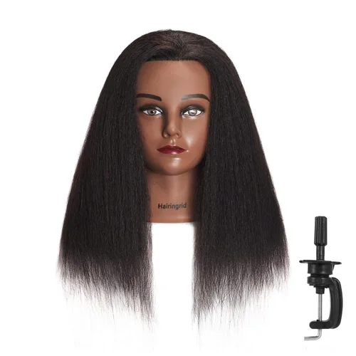 Vista 5 de Hairingrid Cabeza de Maniquí Afroamericana con 100% Cabello Humano Cosmetología Cabeza de Maniquí de Cabello Afro para Práctica de Peinado, Trenzado