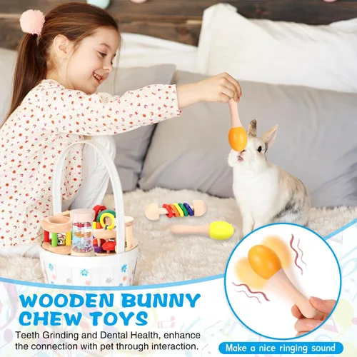 Vista 6 de Halloscume 9 piezas de juguetes de conejo de madera, juguetes de conejo para conejitos aburrido, juguete seguro de conejo, juguete de molienda