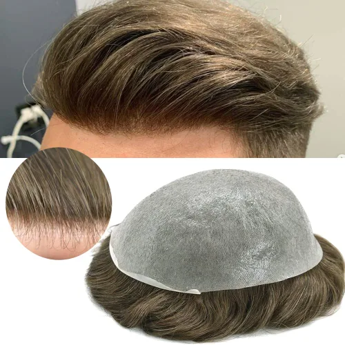Vista 27 de Cabello humano para hombres, tupé, piezas de cabello humano europeo, todas las piezas de cabello con bucle en V, 0.002 in, piel fina, sistemas