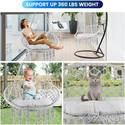 Vista 2 de Silla hamaca columpio de macramé, capacidad de 330 libras, silla colgante de cuerda de algodón con cojín suave y kit de herramientas, silla colgante
