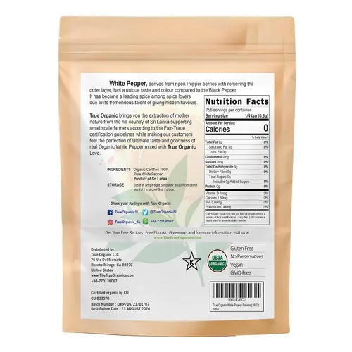 Vista 2 de True Organic Polvo de granos de pimienta blanca, 16 onzas, pimienta orgánica certificada por USDA y Kosher, granos de pimienta blanca orgánica