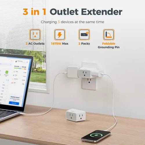 Vista 10 de TESSAN Extensor de toma de pared de enchufe múltiple, 2 paquetes