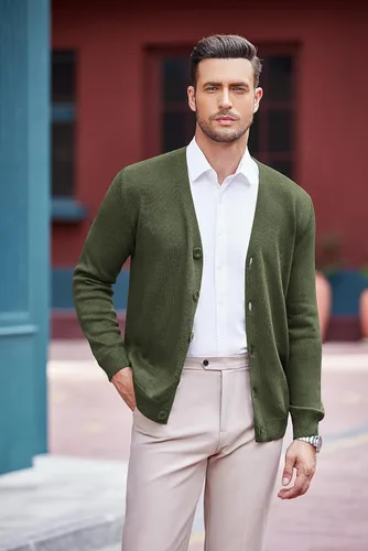 Vista 7 de COOFANDY Suéter de punto con cuello en V para hombre, casual, ligero, con botones