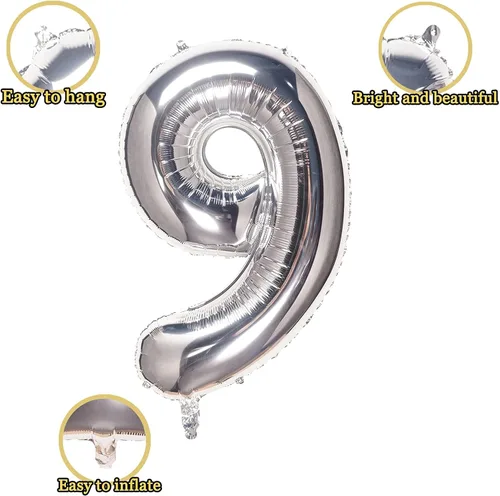 Vista 2 de Globos plateados de 32 pulgadas con el número 9, globos de aluminio digitales para decoración de fiesta de cumpleaños (globo plateado del número 9)