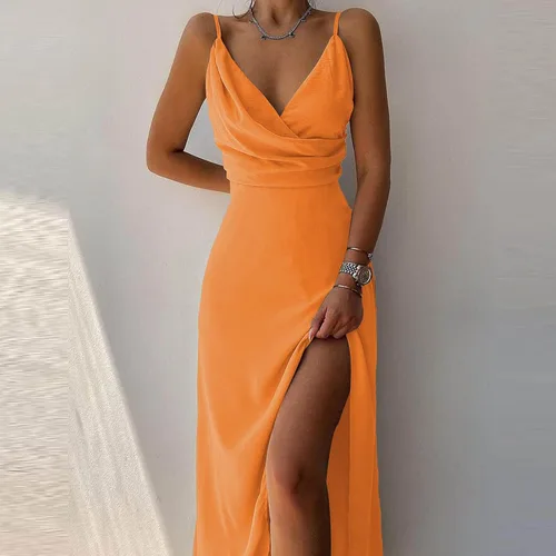 Vista 2 de Finelylove Vestido formal de verano para mujer, con tirantes delgados, cuello en V, fruncido, entallado, para cóctel, baile de graduación