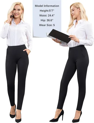 Vista 4 de PMIYS Pantalones de vestir de yoga para mujer elásticos con bolsillos para trabajo