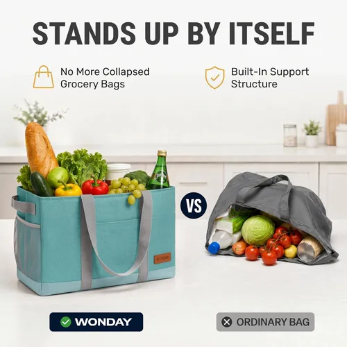 Vista 3 de WONDAY Portador de Bolsa de Compras Reutilizable Extra Grande de Pie con Asa, Treinta y Una Bolsa Utilitaria Plegable para Compras y Playa Verde