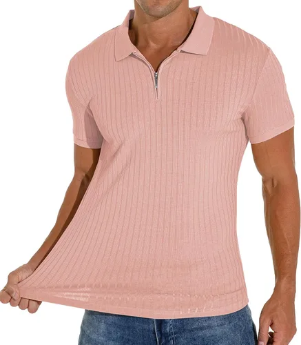 Vista 4 de Askdeer Camisas tipo polo con cremallera para hombre, ajustadas, casuales, elásticas, de punto acanalado, con cremallera
