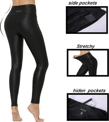 Vista 2 de HARTPOR Leggings de piel sintética con revestimiento de piel sintética para mujer, leggings elásticos de cintura alta, pantalones de yoga, Negro