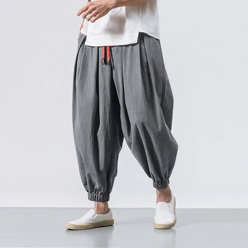 Vista 2 de Pantalones harén de algodón y lino para hombre, estilo casual, holgados, color sólido, hippie, yoga, pierna ancha, con cordón, pantalones de playa