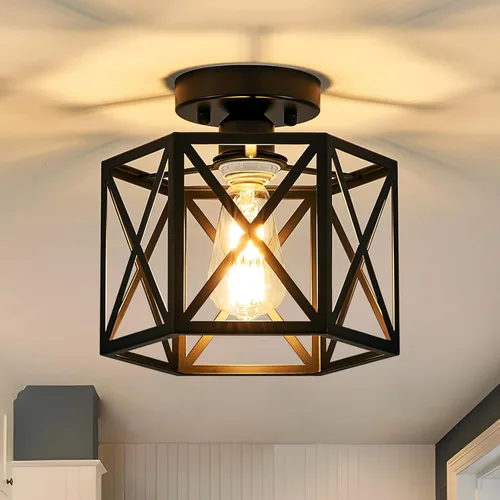 Vista 9 de Lámpara de Techo Moderna de Granja Negra y Dorada, Lámpara de Techo Industrial Semiempotrada, Accesorios de Iluminación Hexagonal para Pasillo