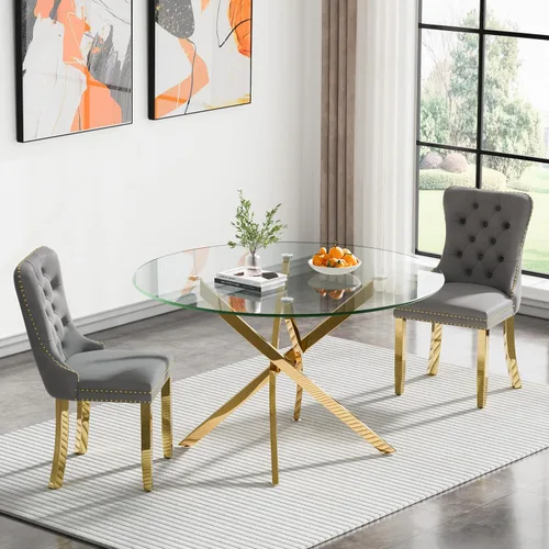 Vista 64 de Juego de mesa de comedor SSLine moderno de 3 piezas con mesa redonda de vidrio para 2, lujosa mesa de comedor circular de 36" con tapa de vidrio